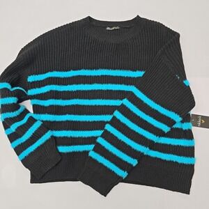 NWT Nikkak Black Blue Striped Fuzzy‎ Knit Sweater Pullover Women's Size M
